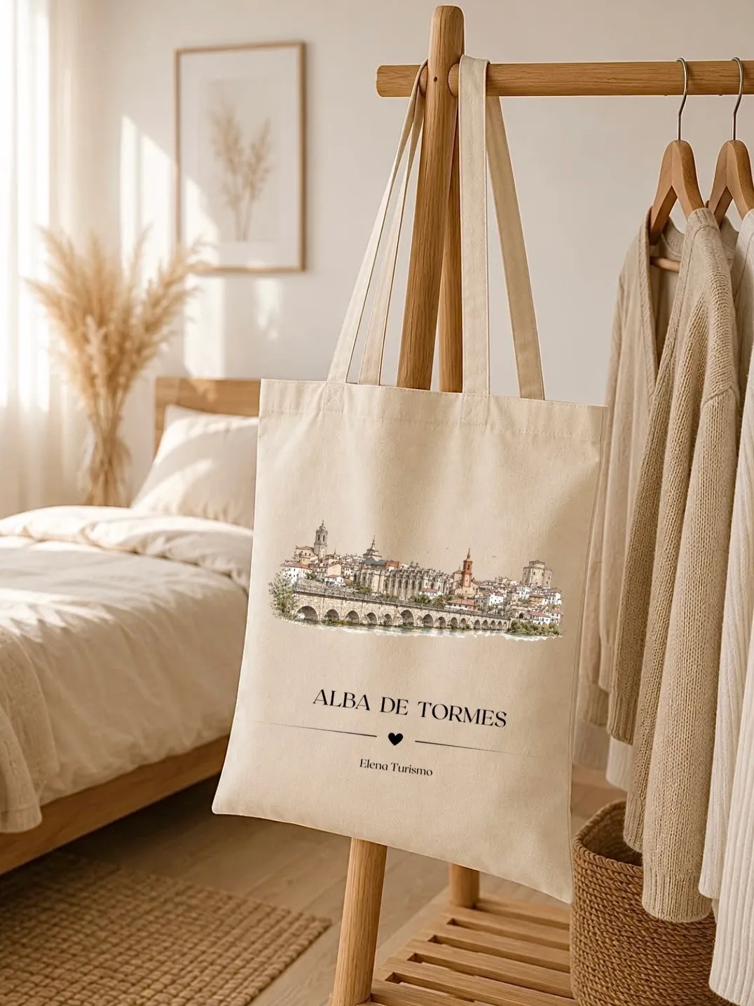 Totebag con el casco histórico de Alba de Tormes ilustrado a tinta, colgada de un perchero junto a una cama