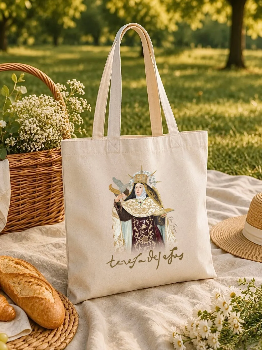 La misma totebag sobre una manta de picnic en el campo, con pan y flores