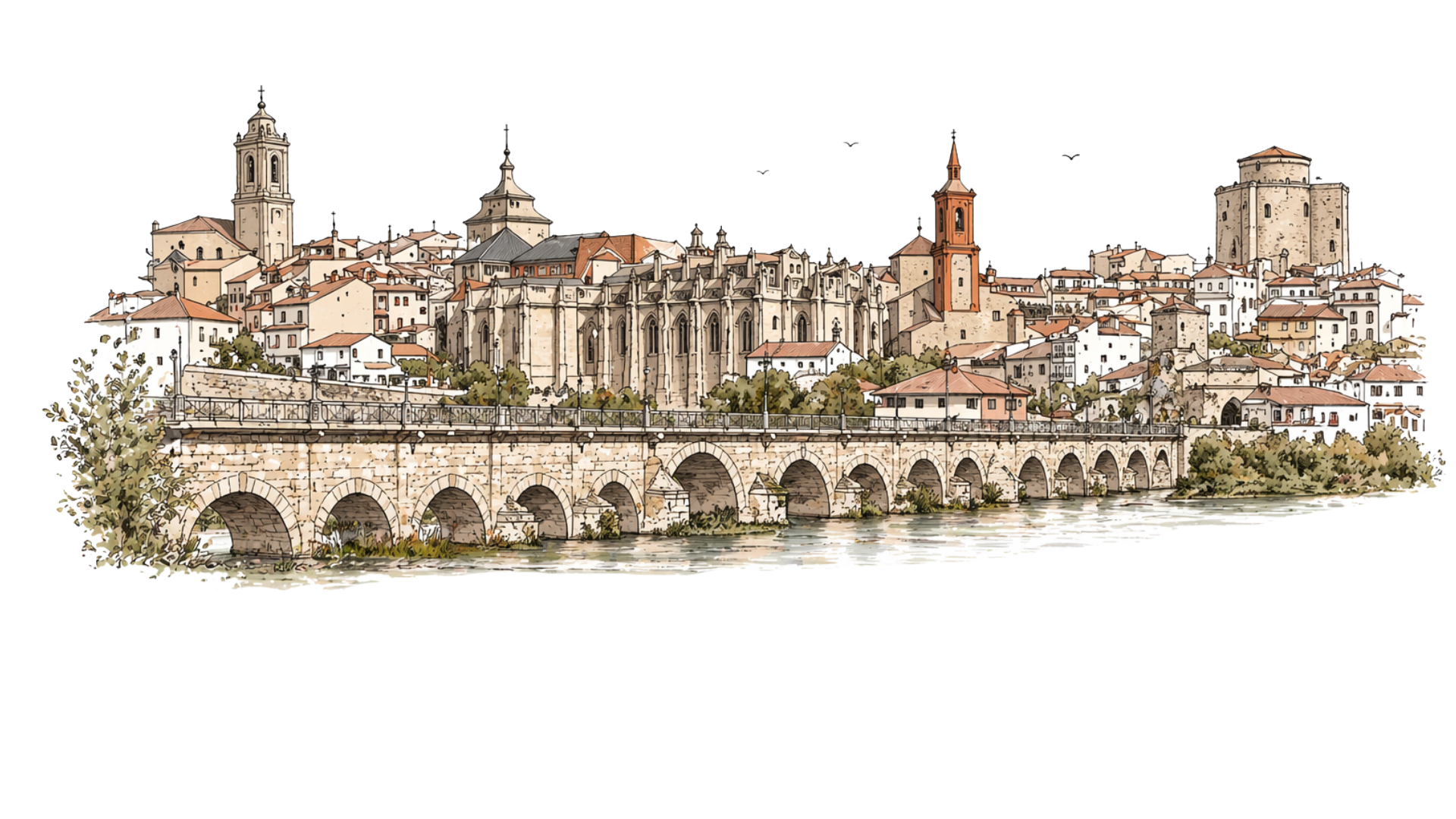 Ilustración del casco histórico de Alba de Tormes con el puente románico, la basílica y las iglesias